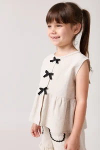 Minipodyum Girl's Linen Summer Double Set with Bow Detailed Shorts - Image 4