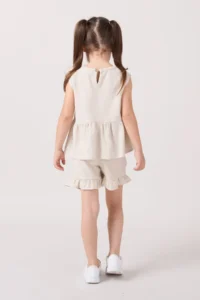 Minipodyum Girl's Linen Summer Double Set with Bow Detailed Shorts - Image 5