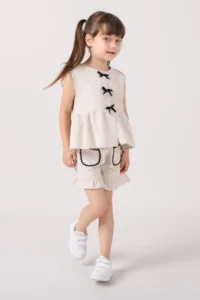 Minipodyum Girl's Linen Summer Double Set with Bow Detailed Shorts - Image 6