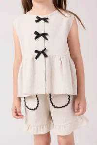 Minipodyum Girl's Linen Summer Double Set with Bow Detailed Shorts - Image 7