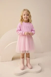 Minipodyum Bow Embroidery Detailed Tulle Girls' Dress