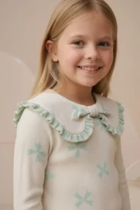 Minipodyum Big Collar Bow Printed Tights Girl's Top and Bottom Set - Image 4