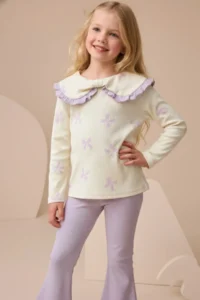 Minipodyum Big Collar Bow Printed Tights Girl's Top and Bottom Set