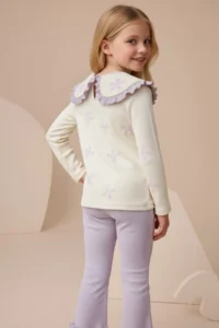Minipodyum Big Collar Bow Printed Tights Girl's Top and Bottom Set - Image 2