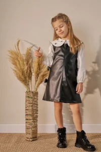 Minipodyum Girl's Dress Baby Collar Shirt Leather Look Festive Dress - Image 2