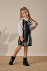 Minipodyum Girl's Dress Baby Collar Shirt Leather Look Festive Dress - Image 3