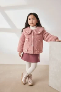 Minipodyum Baby Collar Bow Detailed Buttoned Girl's Plush Jacket