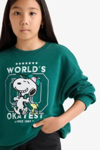 DeFacto Snoopy Oversize Dark Green Girls' Sweatshirt F1089A8/GN1116 - Image 4