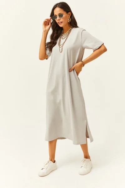 Olalook Women's Yunus Gray Oversize Cotton Dress with Side Slits
