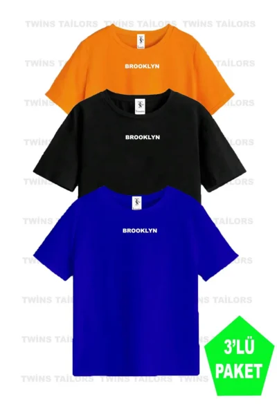 twins tailors Brooklyn Printed 3 Pack Unisex Orange-Black-Sax Blue Kids T-Shirt/T-Shirt