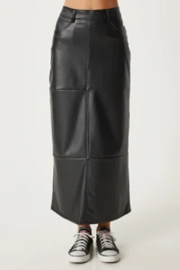 Happiness İstanbul Women's Black Slit Faux Leather Pencil Skirt - Image 3