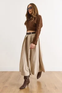 Olalook Women's Stone Belted Zippered Maxi Pleated Skirt - Image 6