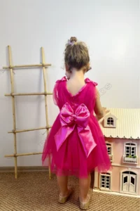 penu baby kids Fuchsia Satin Top, Big Bow on the Back, Small Bow Detail on the Shoulder, Tulle Baby Girl Dress - Image 4