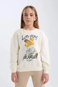 DeFacto Girl's Oversize Wide Fit Crew Neck Teddy Bear Printed Sweatshirt