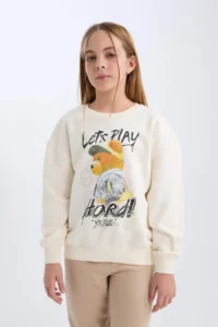 DeFacto Girl's Oversize Wide Fit Crew Neck Teddy Bear Printed Sweatshirt - Image 3
