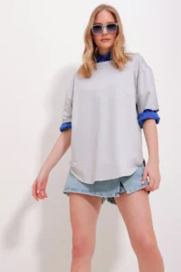Trend Alaçatı Stili Women's Gray Crew Neck Oval Cut Modal T-Shirt - Image 6