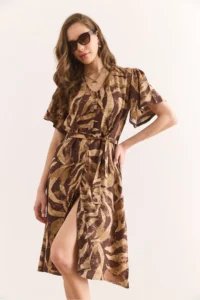 Olalook Women's Camel Brown V-Neck Belted Woven Mini Shirt Dress Elb- - Image 4