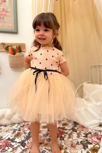 penu baby kids Salmon Polka Dot Detailed Short Sleeve Baby Girl Dress