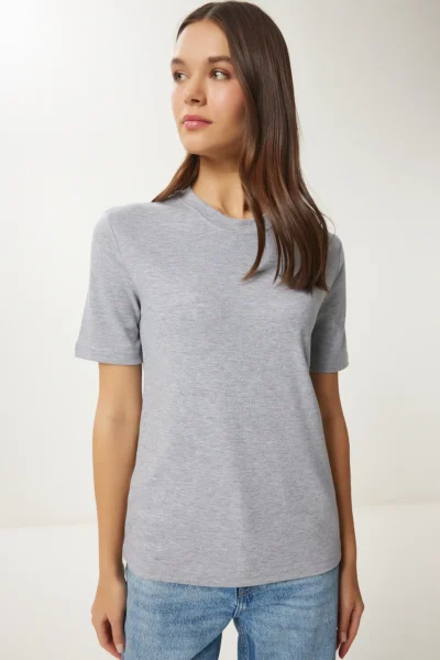 Happiness İstanbul Women's Gray Melange Cotton Basic Knitted T-Shirt