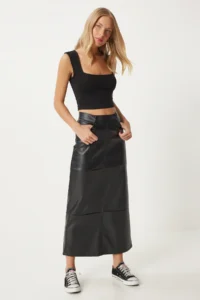 Happiness İstanbul Women's Black Slit Faux Leather Pencil Skirt