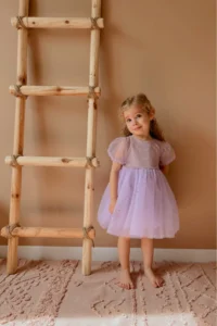 penu baby kids Purple Short Balloon Tulle Sleeve Detailed Tutu Tutu Baby Girl Dress - Image 3