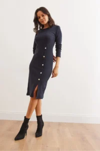 Olalook Women's Navy Blue Button Detailed Slit Midi Flexible Dress - Image 3