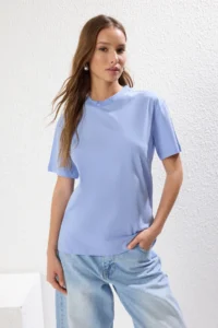 TRENDYOLMİLLA Ecru-Blue 2 Sets Package 100% Cotton Basic Dog collar Knitting T-Shirt - Image 4