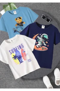 twins tailors Surfing Printed 3 Pack Unisex Light Blue-White-Navy Blue Children's T-Shirt