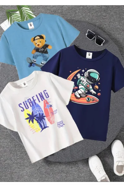 twins tailors Surfing Printed 3 Pack Unisex Light Blue-White-Navy Blue Children's T-Shirt