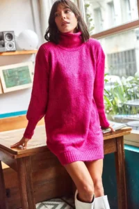 Olalook Women's Fuchsia Turtleneck Soft Textured Knitwear Tunic Dress - Image 5