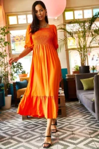 Olalook Women's Orange Glittered Square Collar Bodrum Dress - Image 5