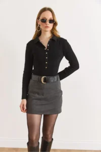 Olalook Women's Anthracite Belt Detailed Mini Skirt with Shorts - Image 2