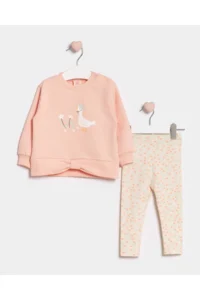 Minipodyum Baby Girl Duck Printed Double Set with Bow Waist Tights