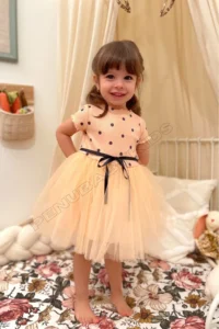 penu baby kids Salmon Polka Dot Detailed Short Sleeve Baby Girl Dress - Image 2