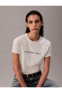 Calvin Klein Jeans Round Neck Printed Gray Women's T-Shirt - Image 3