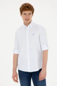 US Polo Assn. Men Saks Blue Printed White Shirt