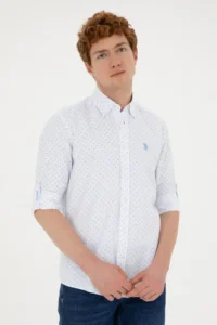 US Polo Assn. Men Saks Blue Printed White Shirt - Image 3