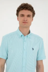 US Polo Assn. Men Water Green Striped White Short Sleeve Shirt - Image 2
