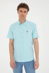 US Polo Assn. Men Water Green Striped White Short Sleeve Shirt - Image 3