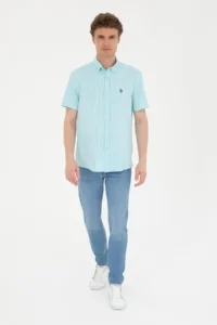 US Polo Assn. Men Water Green Striped White Short Sleeve Shirt - Image 4