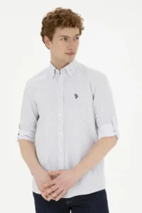 US Polo Assn. Men Navy Blue Patterned White Shirt