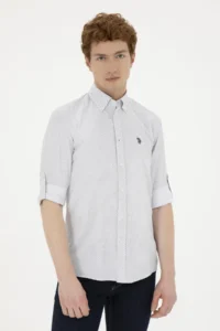 US Polo Assn. Men Navy Blue Patterned White Shirt - Image 3