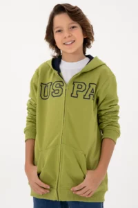 US Polo Assn. Boys' Zippered Hooded Basic Pistachio Green Sweatshirt - Image 2
