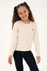US Polo Assn. Girls' Cream Crew Neck Basic Sweater