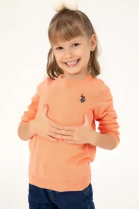 US Polo Assn. Girls' Salmon Melanj Crew Neck Basic Sweater - Image 2