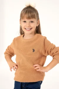 US Polo Assn. Girls' Camel Crew Neck Basic Sweater - Image 2