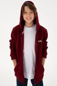US Polo Assn. Boys' Zippered Burgundy Fleece Hooded Sweatshirt