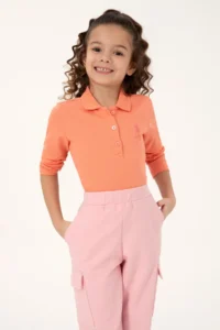US Polo Assn. Girls' Salmon Polo Shirt Collar Basic Sweatshirt