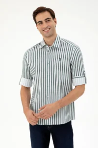 US Polo Assn. Men Dark Green Striped White Shirt