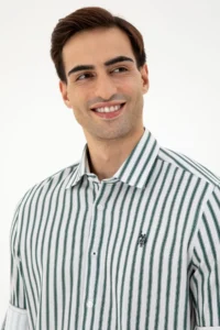 US Polo Assn. Men Dark Green Striped White Shirt - Image 2